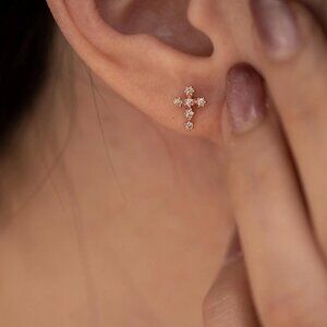 14k Gold Diamond Cross Earrings / Minimalist Dainty Cross Stud (pair)